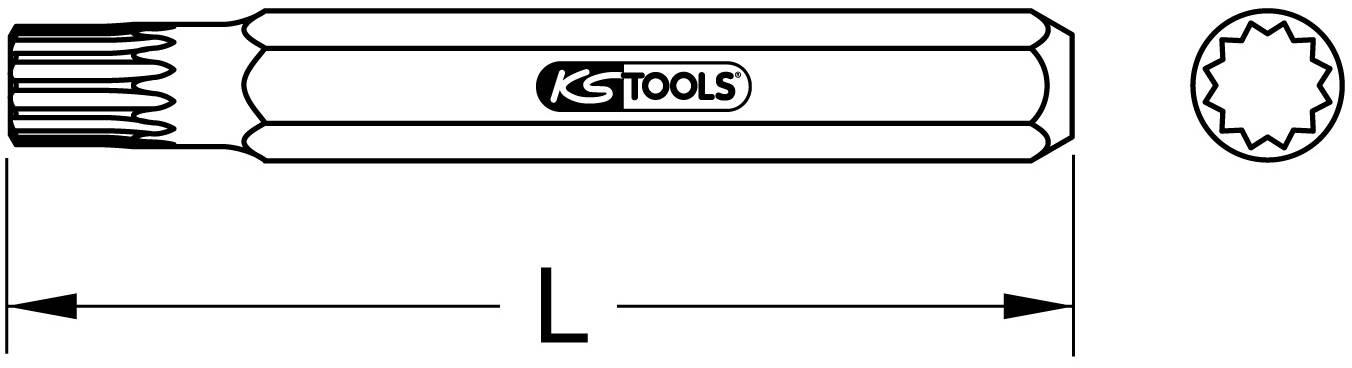 Abbildung eines Werkzeugs mit langem, geriffeltem Schaft und runder, sternförmiger Spitze. Markiert mit 'KS Tools'.