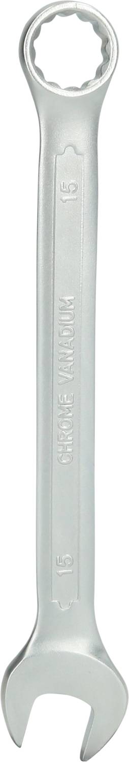 Ein silbernes Schraubenschlüssel-Werkzeug aus Metall mit offener und geschlossener Seite, verwendet zum Festziehen oder Lösen von Muttern.