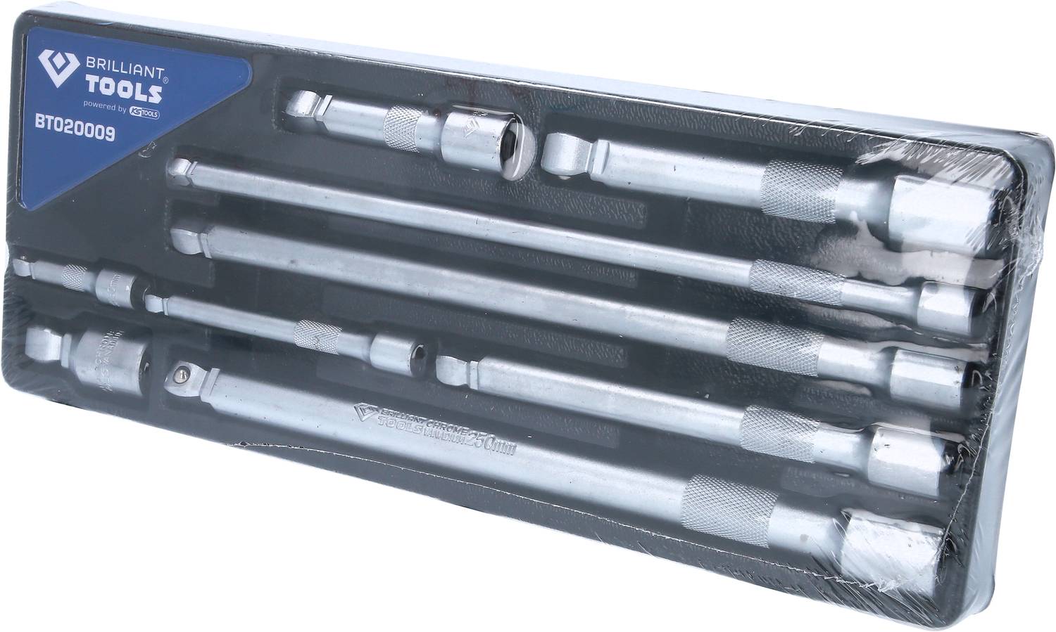 Ein Set von sechs silbernen Verlängerungsstangen für Werkzeuge, ordentlich in einer Plastikverpackung angeordnet, mit Markenzeichen oben links.