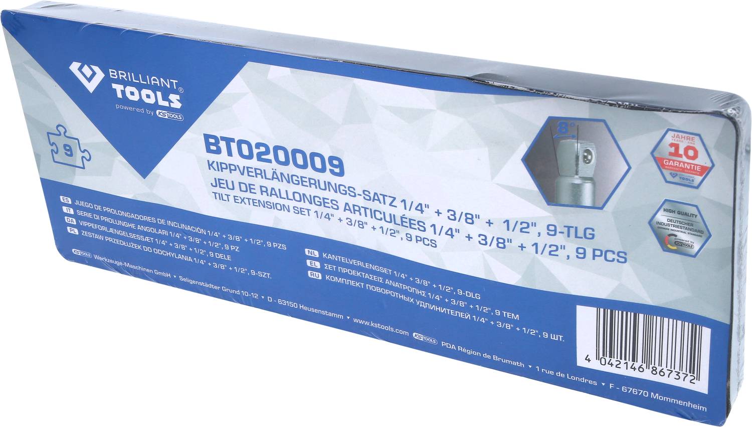 Verpackung eines Kippverlängerungs-Satzes von Brilliant Tools. Enthält Angaben zu Größen: 1/4