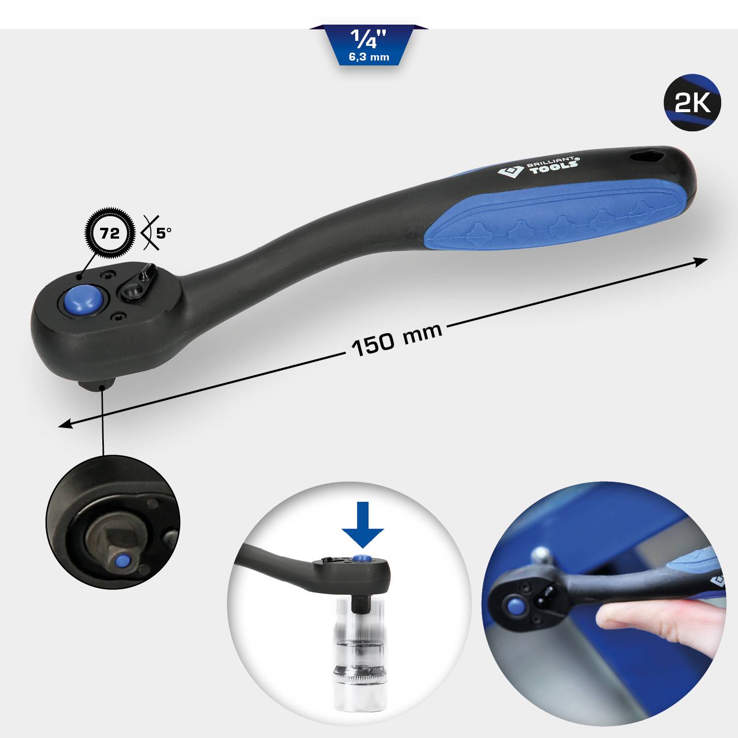 'Drehmomentschlüssel mit 150 mm Länge und 72 Rastungen, zeigt Detail der Steckverbindung. Geeignet für Schrauben von 1/4