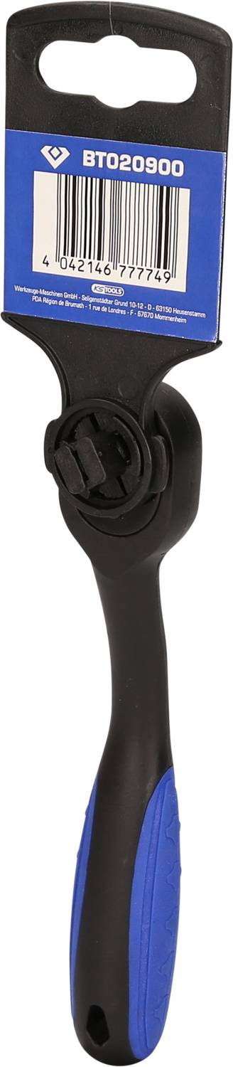 Ein schwarzer und blauer Griff mit einem Klickmechanismus, wahrscheinlich ein Werkzeug. Oben befindet sich ein Etikett mit Barcode.