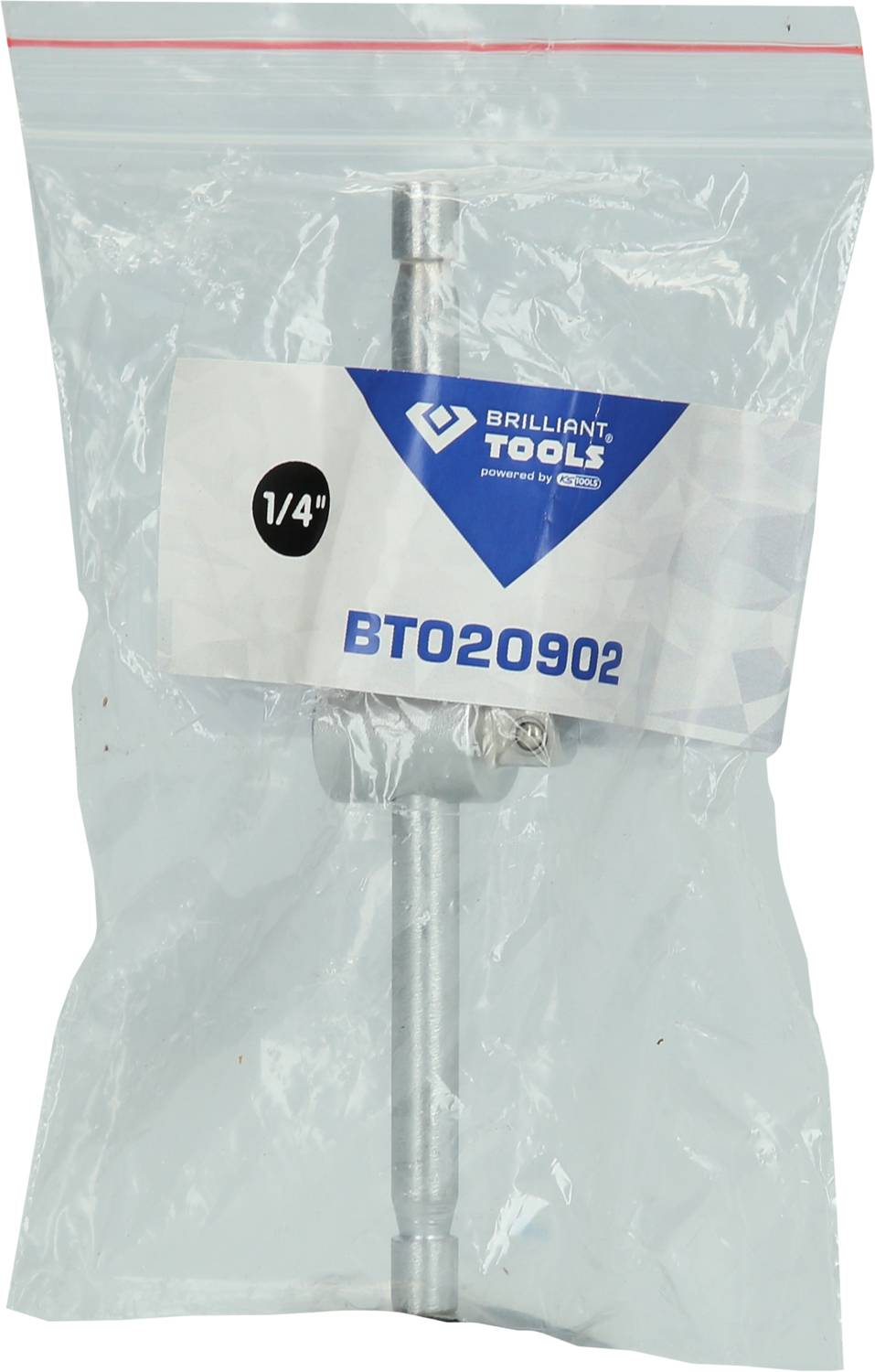 Ein verpacktes Produkt mit der Aufschrift 'BRILLIANT TOOLS', 'BTO20902', und '1/4''', in einem durchsichtigen Plastikbeutel.