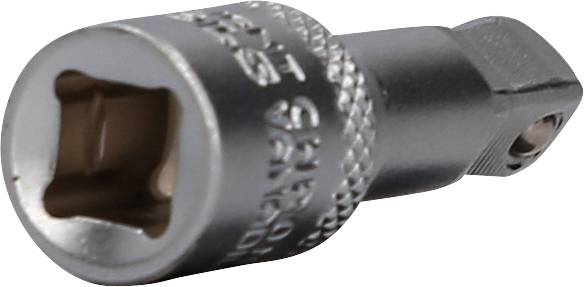 Ein silberner Steckschlüsseladapter, der zur Verbindung von Stecknüssen und Ratschen verwendet wird. Er zeigt einen quadratischen Antrieb.