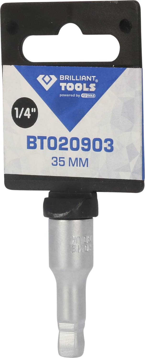 'Brilliant Tools' Bohrerbit 1/4 Zoll, BT020903, 35 mm Länge, in Verpackung mit schwarzer Kunststoffhalterung.