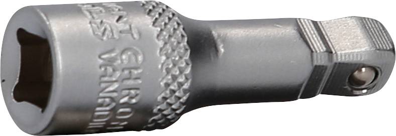 Steckschlüsseladapter aus Chrom-Vanadium-Stahl mit quadratischer Aufnahme und kugelgelagerter Verriegelung, geeignet zum Aufsatzwechsel.