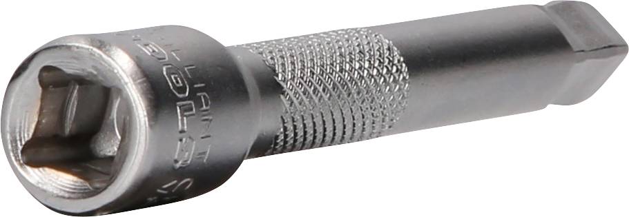 Ein silberner Bohreraufsatz mit geriffeltem Griff und quadratischer Aufnahme, geeignet für den Einsatz mit einem Schraubendreher.