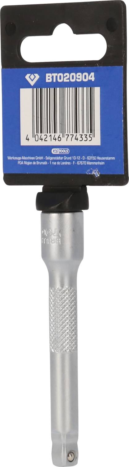 Metallischer Adapter für Schraubwerkzeug, silbern mit geriffelter Oberfläche, in Kunststoffverpackung mit Barcode und Produktnummer.