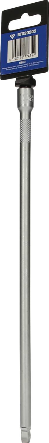 Langer, silberner Schraubendreher oder Verlängerungsstab mit blauem Etikett oben, vermutlich für Werkzeuge oder Reparaturarbeiten.