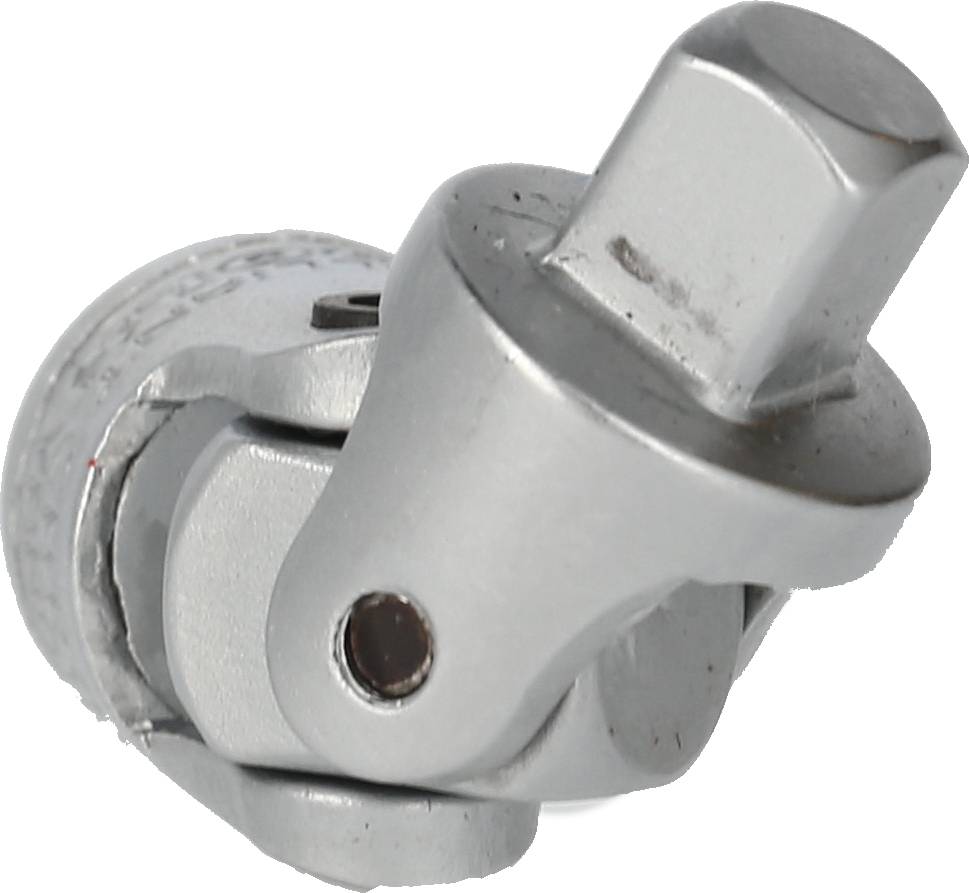 Ein silberner Universal-Gelenkadapter aus Metall, geeignet für Steckschlüssel, ermöglicht Bewegungsfreiheit in mehreren Winkeln.