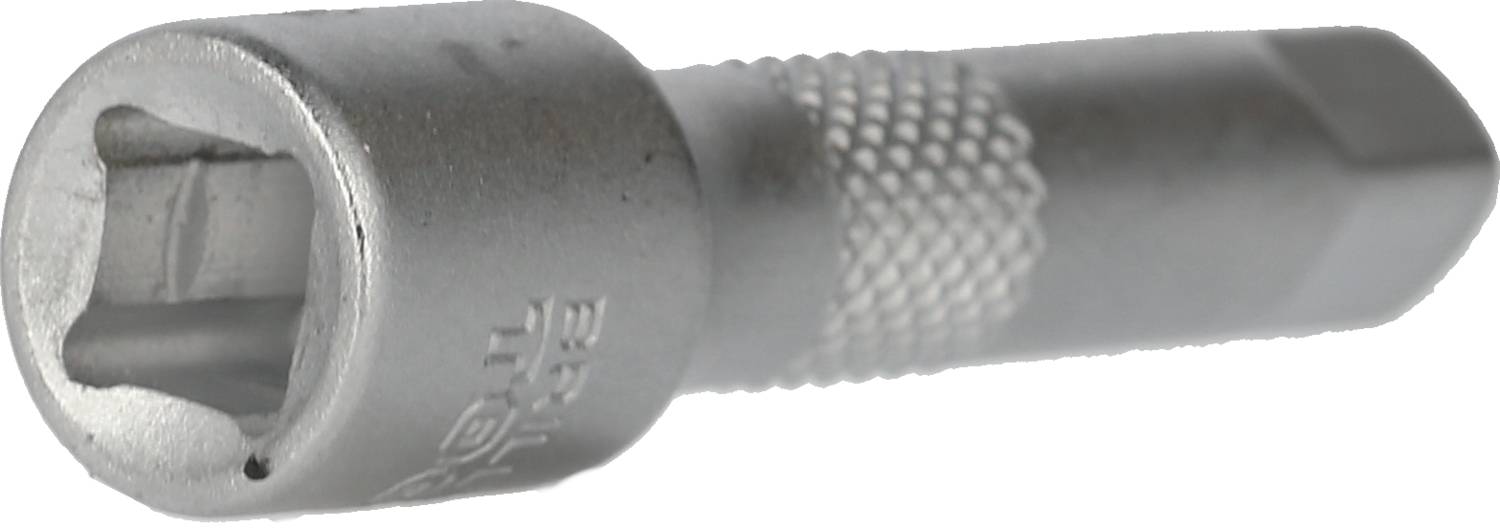 Ein silberner Bit mit sechseckigem Schaft und geriffeltem Griff, geeignet für Werkzeuge oder Schrauben.