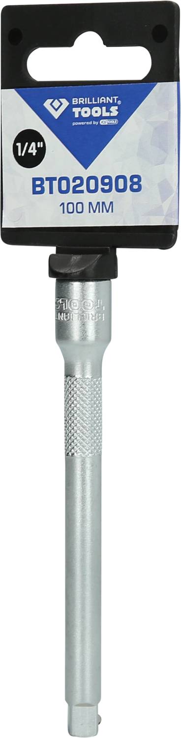 Metallischer Bit-Verlängerer mit 100 mm Länge von Brilliant Tools, Modellnummer BT020908, für 1/4-Zoll-Bits.