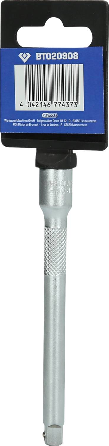 Ein Bit-Halter mit magnetischer Spitze, aus Stahl, in Verpackung mit blauem Etikett und Barcode. Designed für 1/4 Zoll Bits.