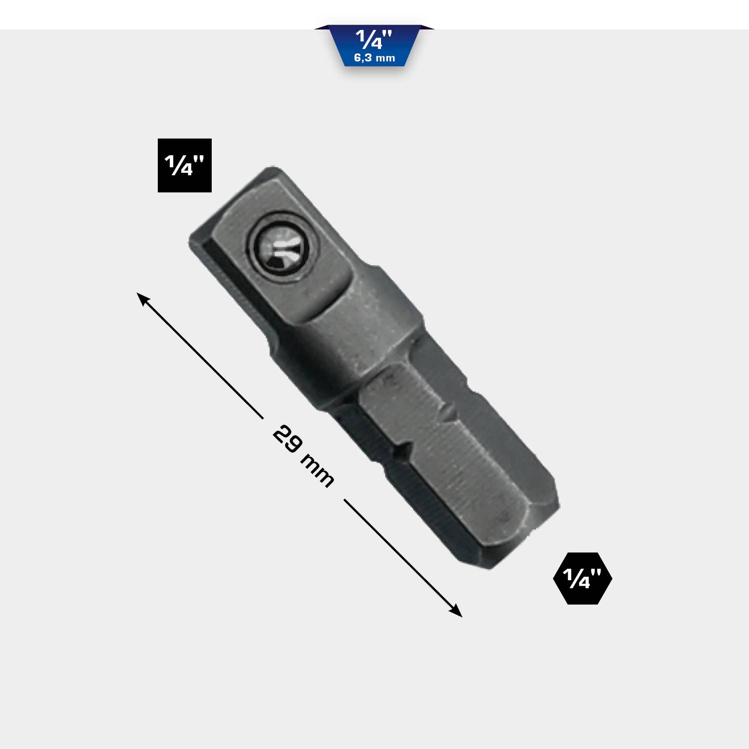 Adapter für 1/4-Zoll-Steckschlüssel, Länge 29 mm, aus Metall.