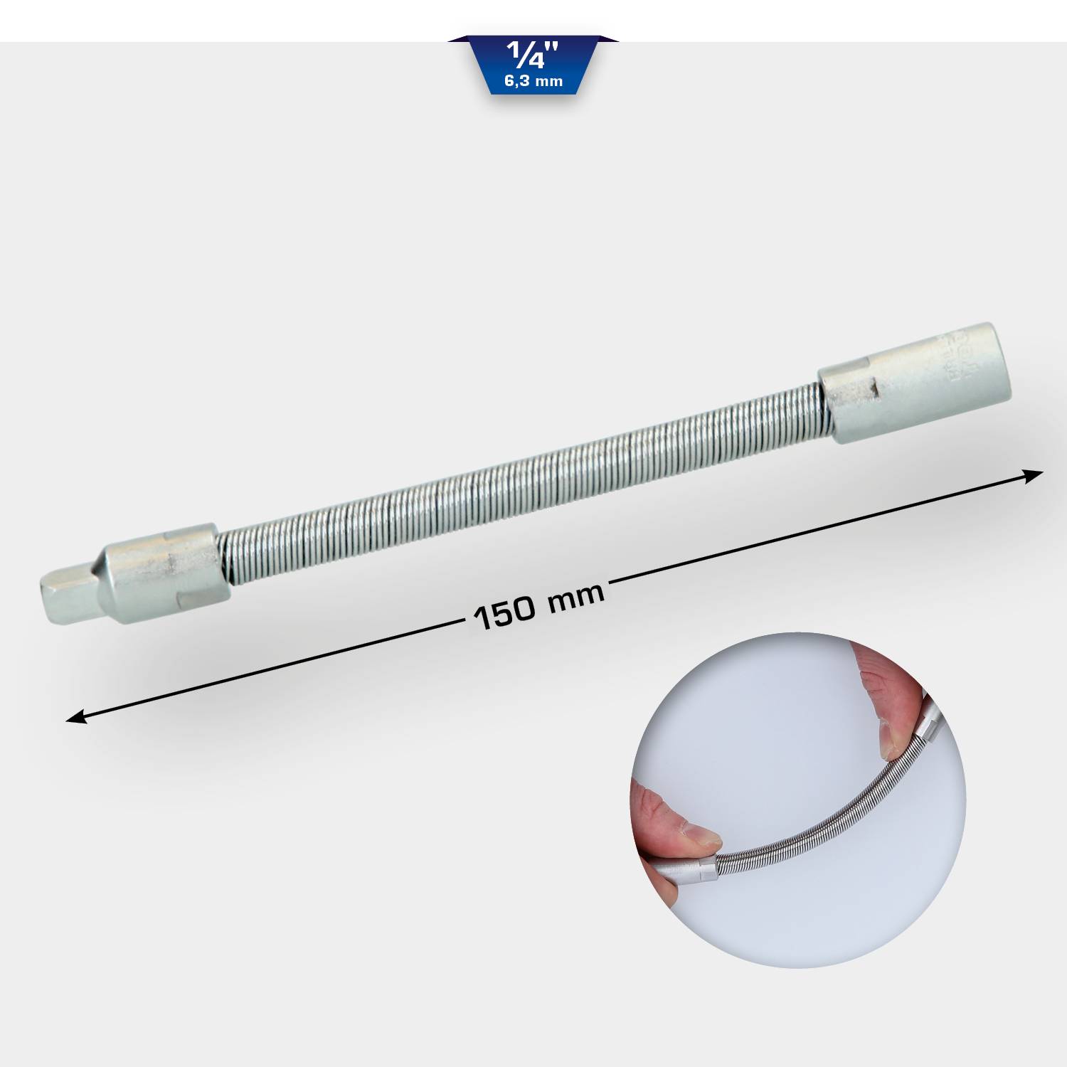 Ein flexibler Verlängerungsstab mit 150 mm Länge. Ein kleiner Kreis zeigt eine Hand, die den Stab biegt, um Flexibilität zu demonstrieren.