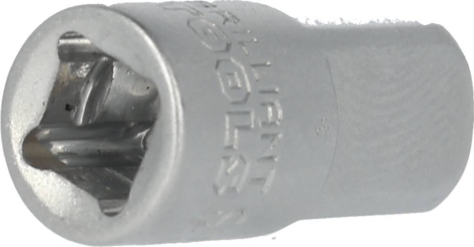 Steckschlüsselaufsatz aus Metall, sechskantig, in silberner Farbe. Verwendet, um Bolzen oder Muttern zu lösen oder festzuziehen.