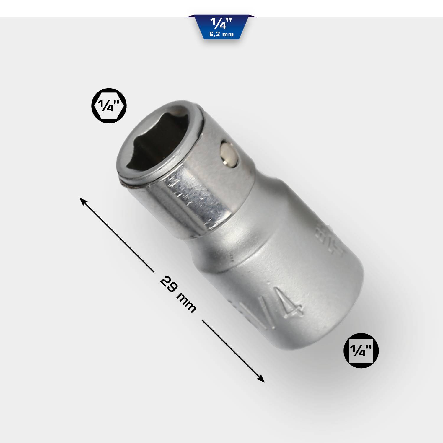 Stecknuss mit 1/4-Zoll-Antrieb, Länge 29 mm. Oben und unten mit Messangabe. Silbernes Metall, geeignet für mechanische Arbeiten.