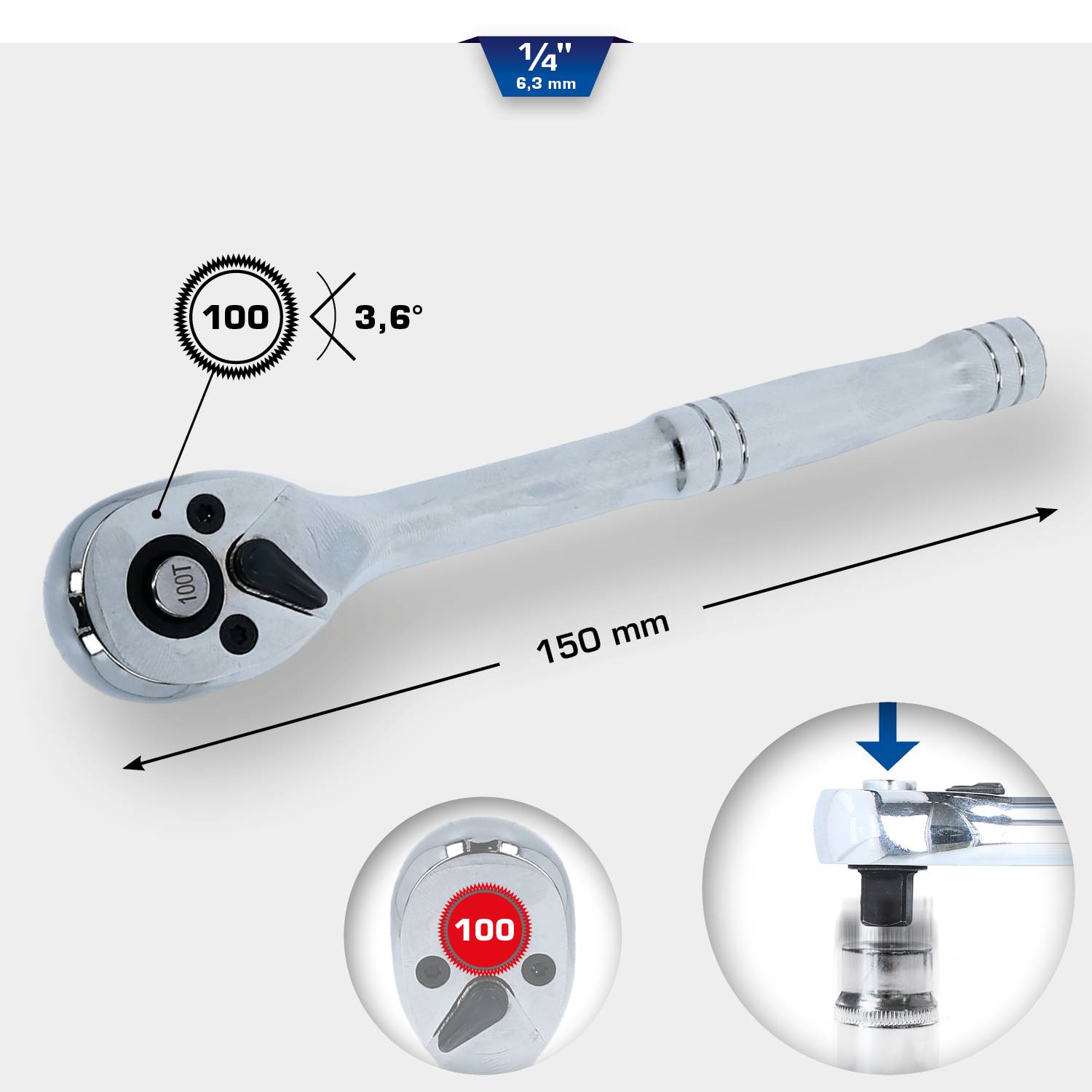 Ratsche mit 1/4-Zoll-Antrieb, 6,3 mm. Drehung von 3,6 Grad. Länge: 150 mm. Detailansicht des Mechanismus und Rotationswinkels.