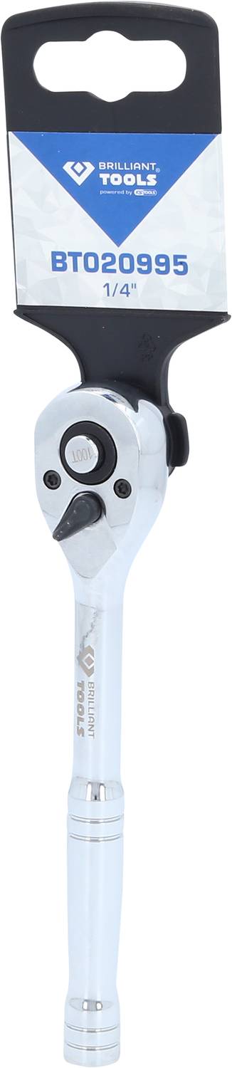 Ratschenschlüssel mit 1/4-Zoll-Antrieb, silberfarben, Marke Brilliant Tools, Modellnummer BT020995. Verpackung aus Karton oben.