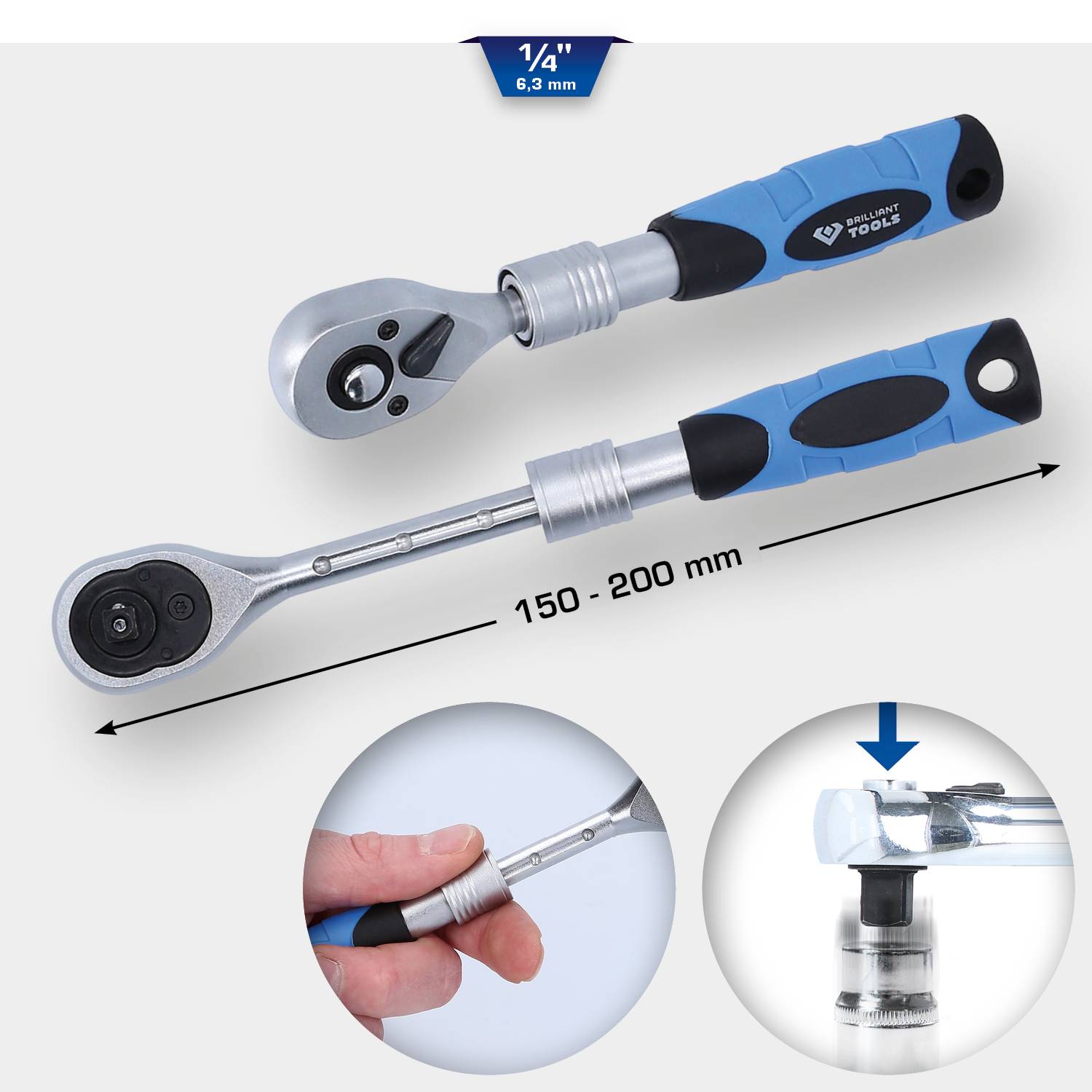 Zwei verstellbare Steckschlüsselratschen mit gummierten Griffen, die Größenbereich von 150-200 mm abdecken und eine Drehmomentfunktion zeigen.