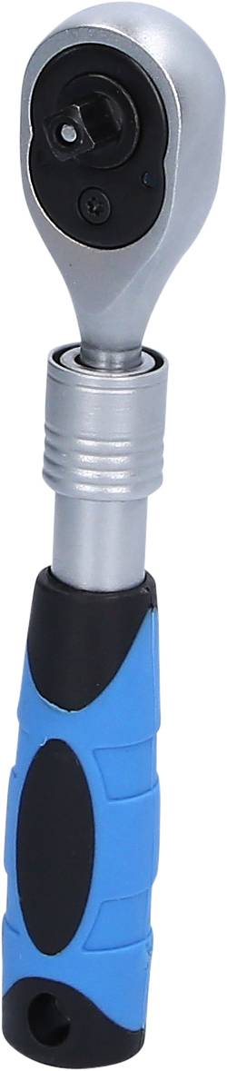Metallische Ratsche mit blauem Griff, geeignet für manuelle Schraubarbeiten. Der Kopf ist drehbar und hat eine quadratische Aufnahme.