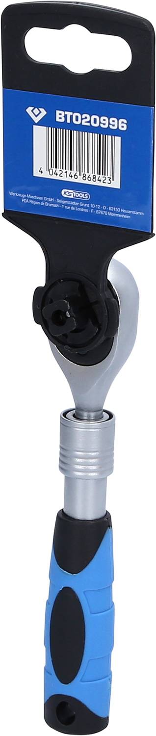 Kurzer Ratschen-Schraubenschlüssel mit ergonomischem blau-schwarzem Griff und Produktverpackung mit der Nummer 'BT020996'.