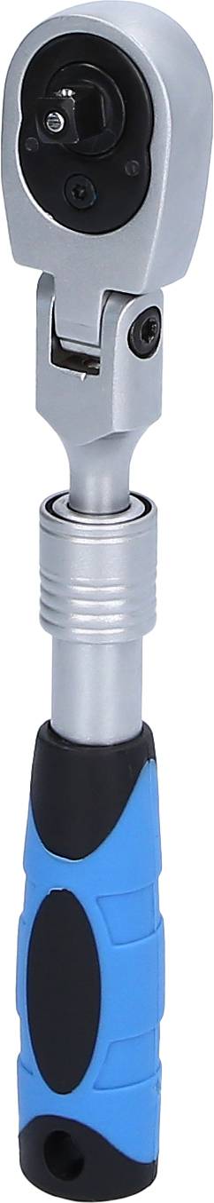 Silberne Ratsche mit blau-schwarzem Griff, geeignet für mechanische Arbeiten.