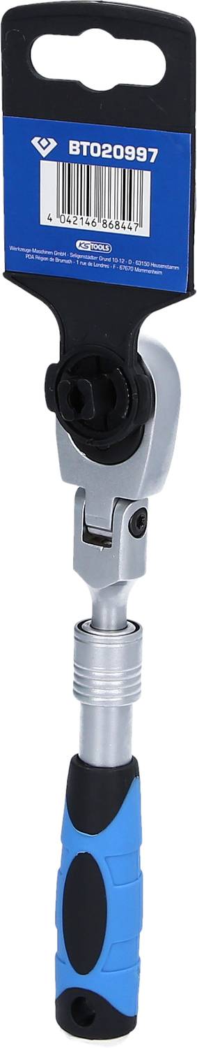 Ein verstellbarer Ratschenschlüssel mit blau-schwarzem Griff und eine Produktverpackung mit der Aufschrift 'BT020997'.