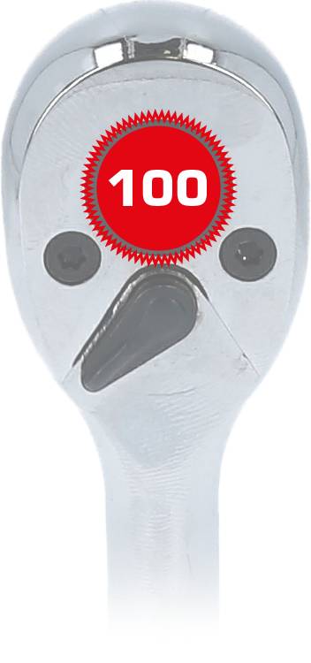 Eine silberne Ratsche mit einem roten Zahnrad, das weiß '100' zeigt.