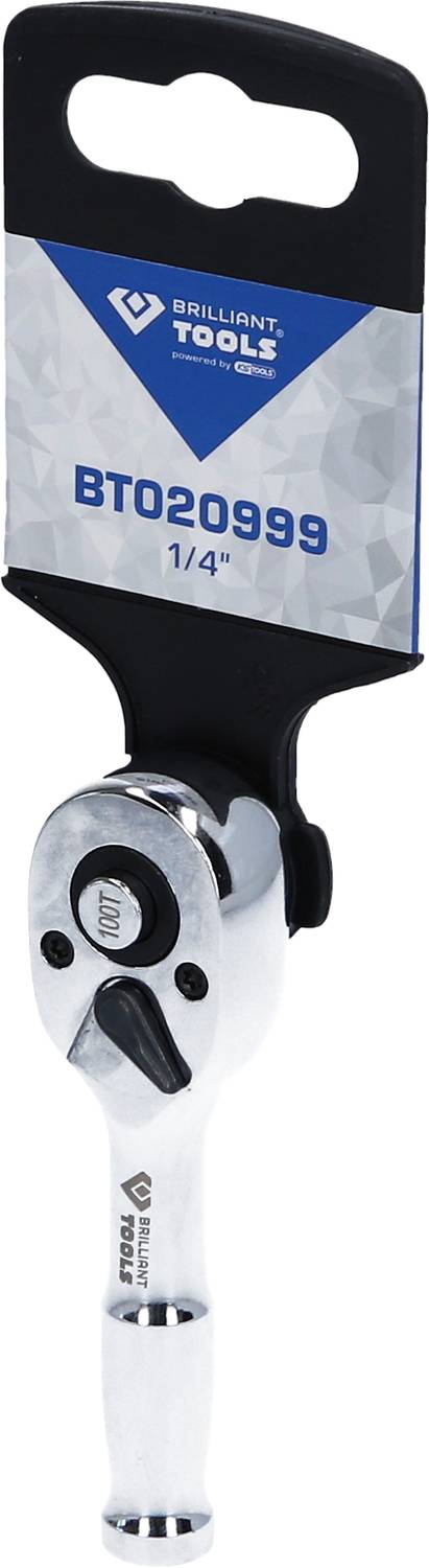 Ratsche mit ergonomischem Griff, 1/4 Zoll, von Brilliant Tools. Verpackung zeigt Marke und Modellnummer 'BT020999'.