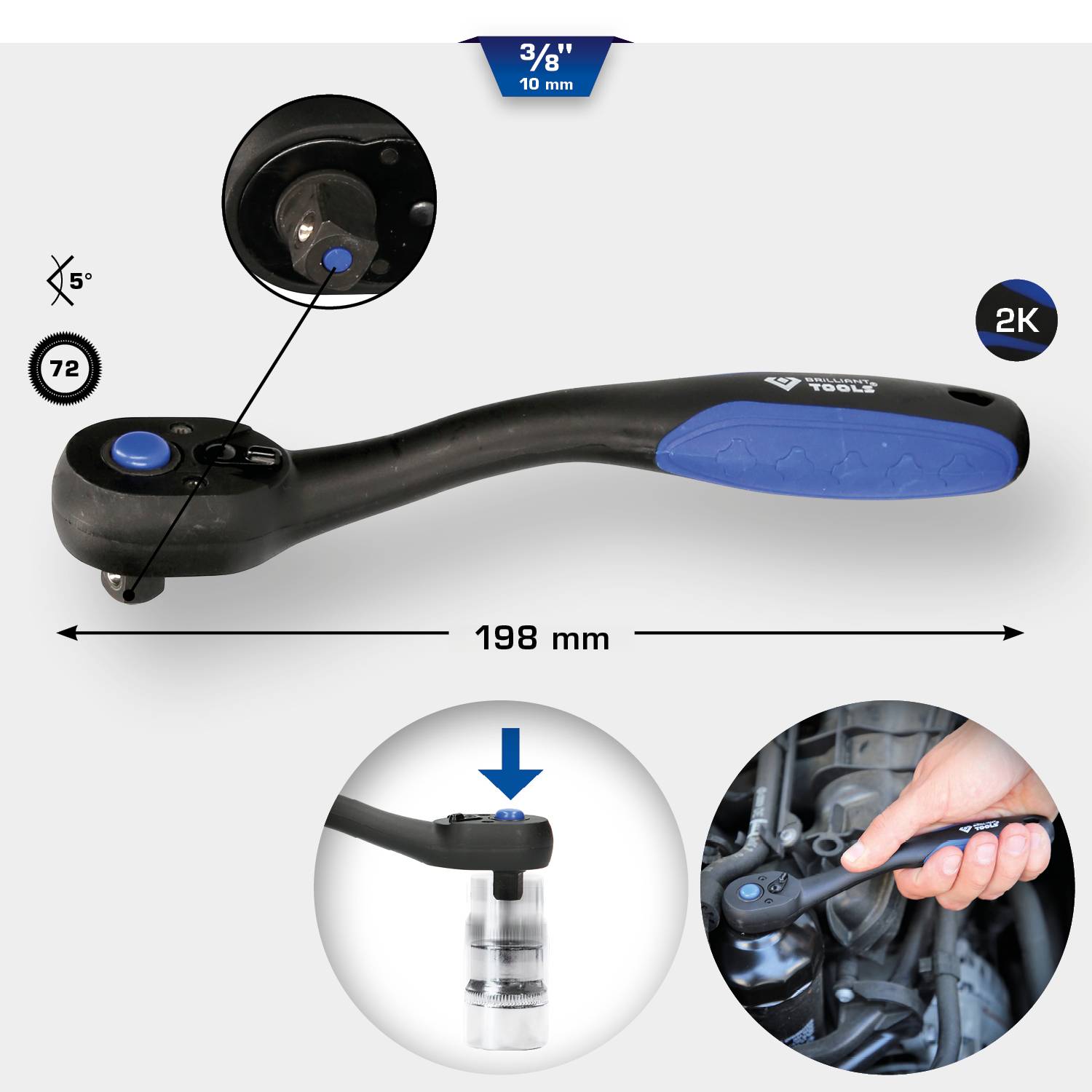 Ratsche mit 3/8'-Antrieb: 72 Zähne, 5° Hubwinkel. Länge 198 mm. Inkl. Detailansicht Anwendung im Motorraum und Drehknopf.