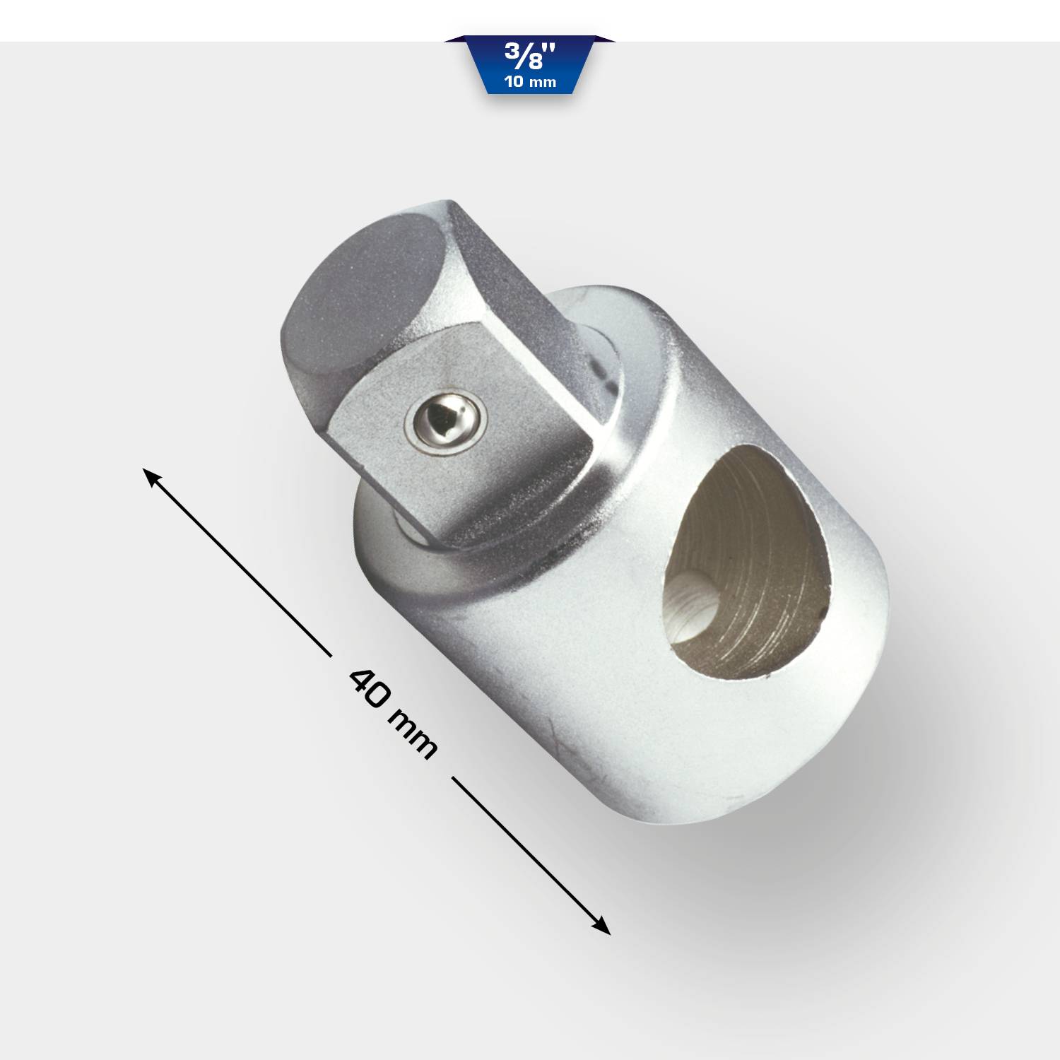 Metalladapter mit einer Länge von 40 mm und einem Quadratkopf, geeignet für Steckschlüssel, Größe: 3/8 Zoll (10 mm).