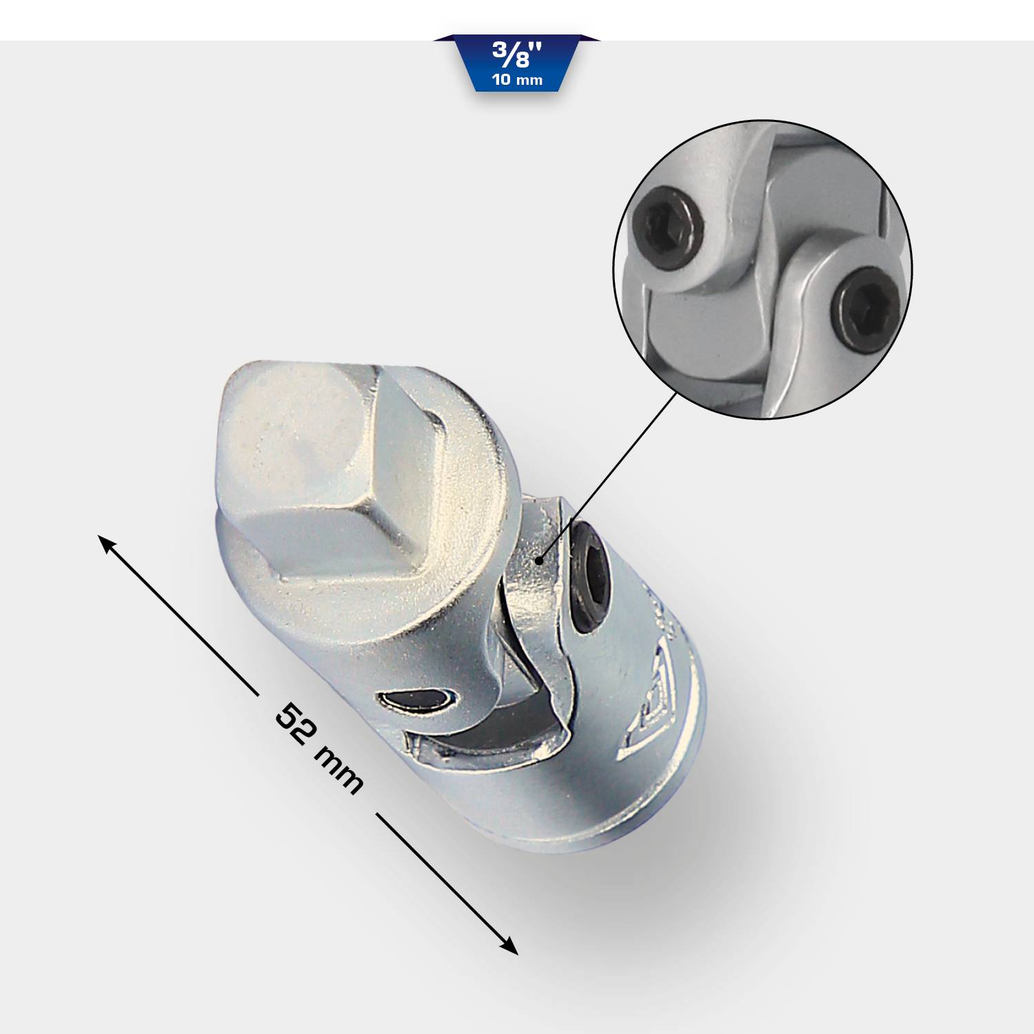 Ein silberner Adapter für Stecknüsse mit Abmessungen von 52 mm. Zeigt detailliert die robuste Konstruktion und Schrauben. Geeignet für 3/8-Zoll-Drive.