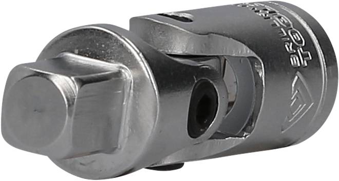 Ein silberner Gelenkadapter, der Teil eines Werkzeugs ist. Er ermöglicht die flexible Verbindung zwischen zwei Elementen.