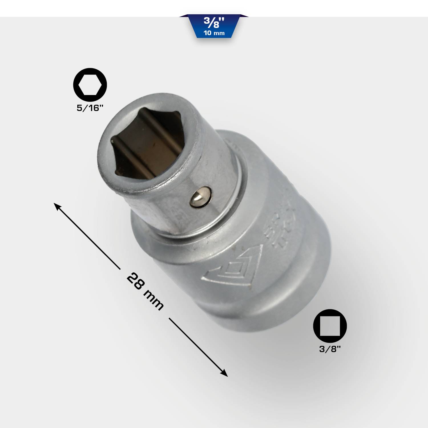 Abbildung einer Stecknuss mit 5/16 Zoll-Sechskant, 28 mm Länge und einer 3/8 Zoll-Öffnung. Einfache metallische Oberfläche.