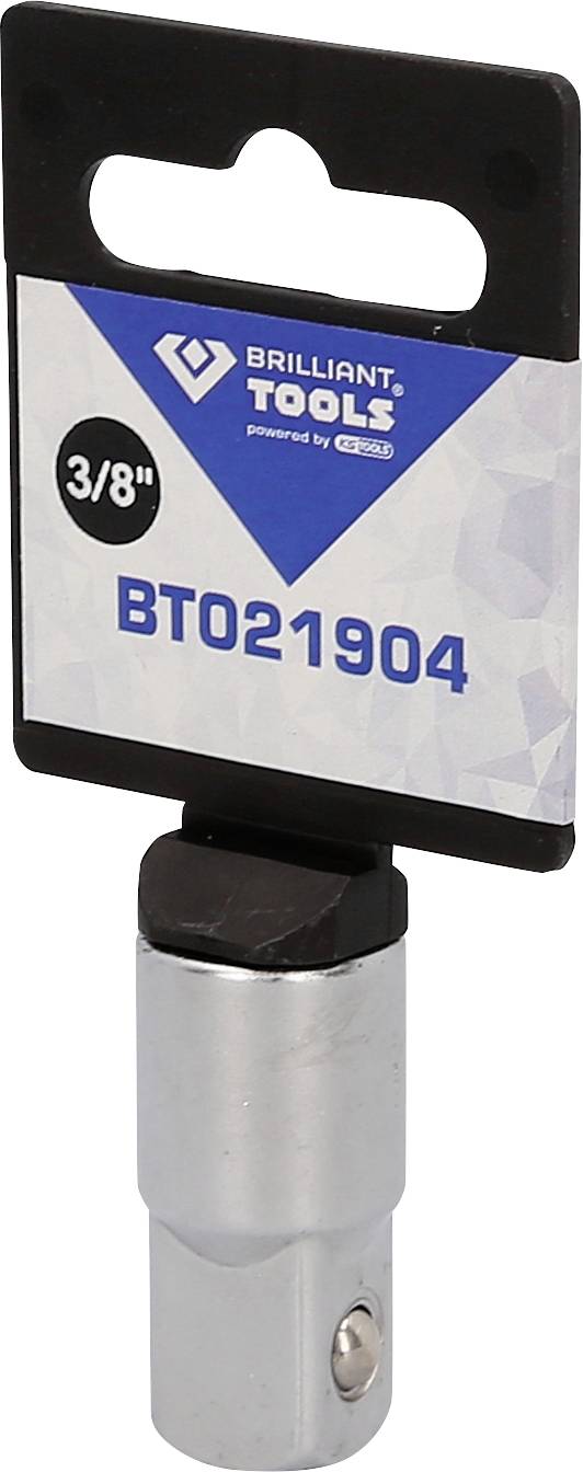 Adapter von Brilliant Tools, Modell BT021904, für 3/8 Zoll Steckschlüssel. Silberfarbenes Metall mit schwarzem Kunststoffgriff.