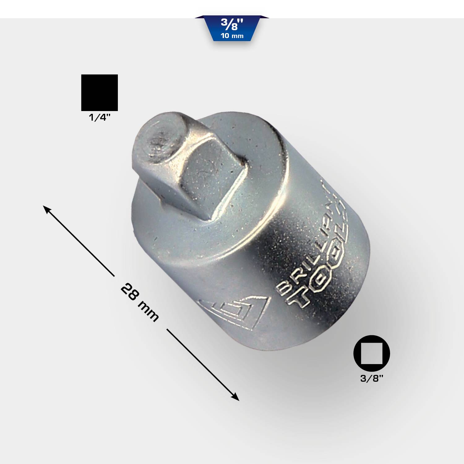 Metallsockel-Adapter, 1/4-Zoll zu 3/8-Zoll, Länge 28 mm, mit Gravierungen auf der Oberfläche.