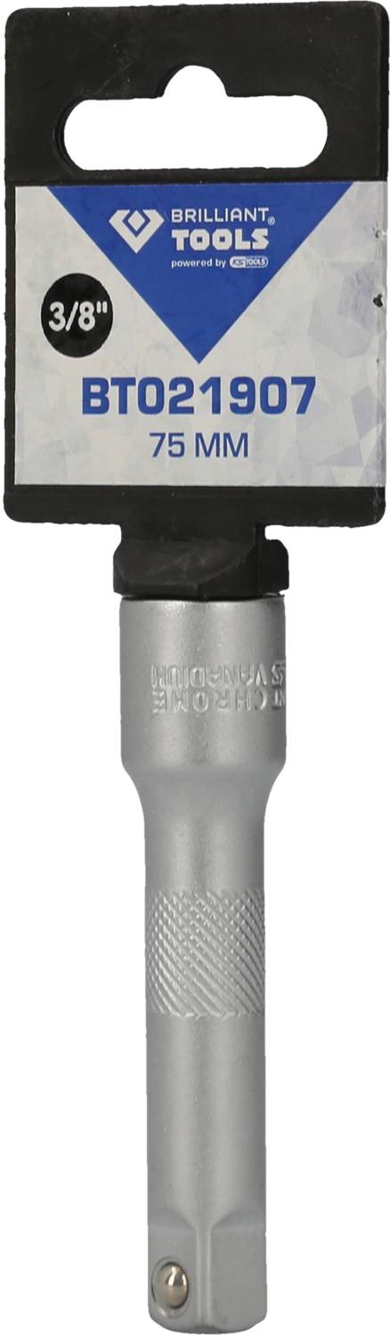 Ein silberner Verlängerungsadapter von 75 mm für Steckschlüssel mit 3/8 Zoll Antrieb, markiert mit 'Brilliant Tools'.