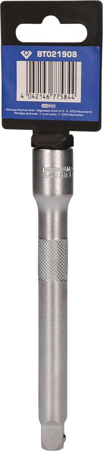 Metallischer Drehmomentschlüssel mit blauer Verpackung oben, zeigt Strichcode und Produktnummer BT021908.