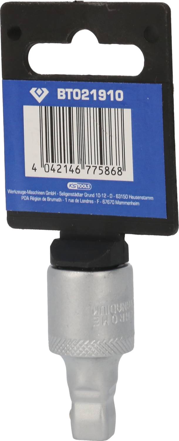 'BTO21910'-Fahrradwerkzeug zur Demontage von Fahrradkurbeln, silberfarben, mit blauer Verpackungsetikett, schwarze Halterung.