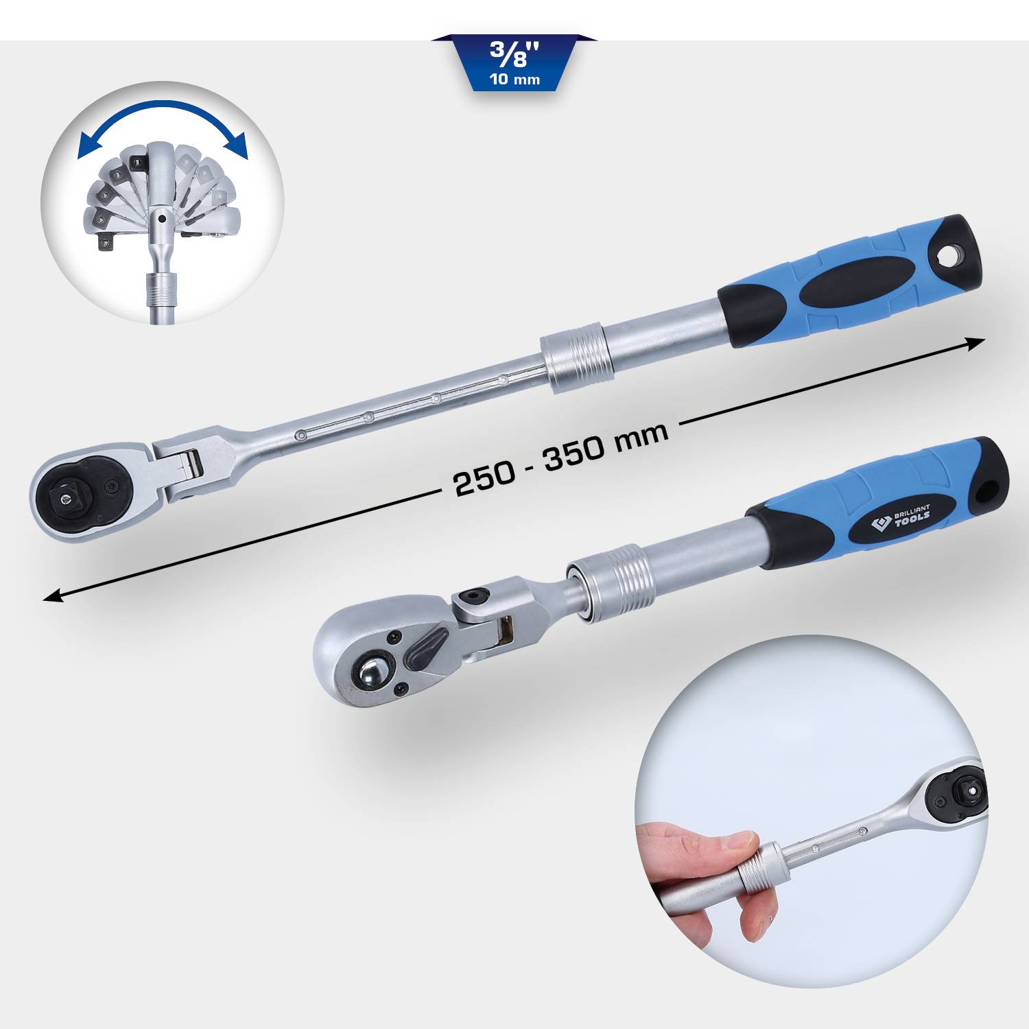 Teleskop-Ratsche mit einstellbarer Länge (250-350 mm) und schwenkbarem Kopf. Zeigt Anwendung in Hand mit blauem Griff.