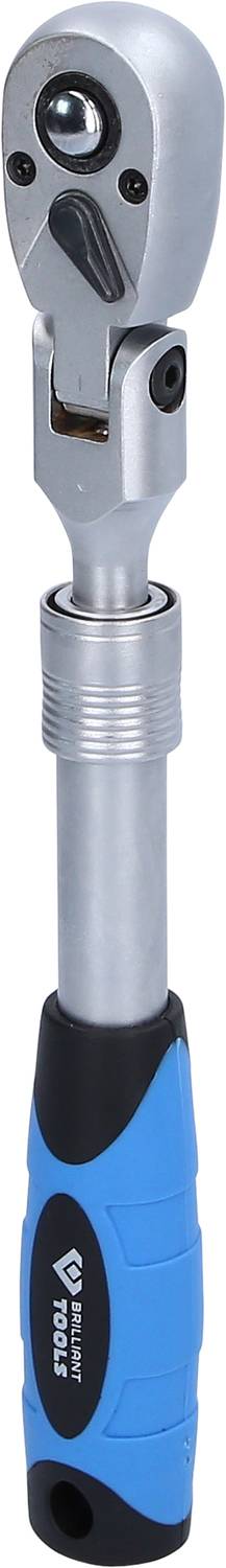 Ein verstellbarer Drehmomentschlüssel mit blauer und schwarzer Griffummantelung, silbernem Stahlkörper und Ratschenkopf.