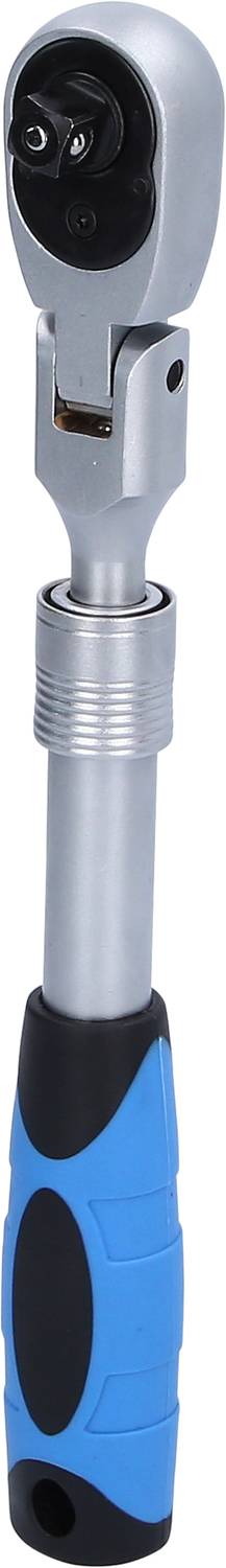 Ein silberner, verstellbarer Ratschenschlüssel mit einem blauen Griff.