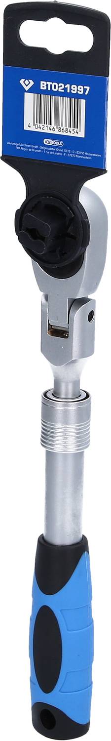 Ein verstellbarer Drehmomentschlüssel mit blauem Griff und schwarzem Rasterkopf. Wird zur genauen Anwendung von Drehmoment eingesetzt.