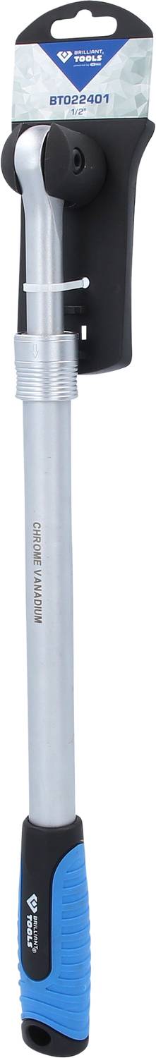 Ein silberfarbener Drehmomentschlüssel mit blauem Griff und Verpackung von BGS, Modell BTQ1401, zur präzisen Schraubmontage.