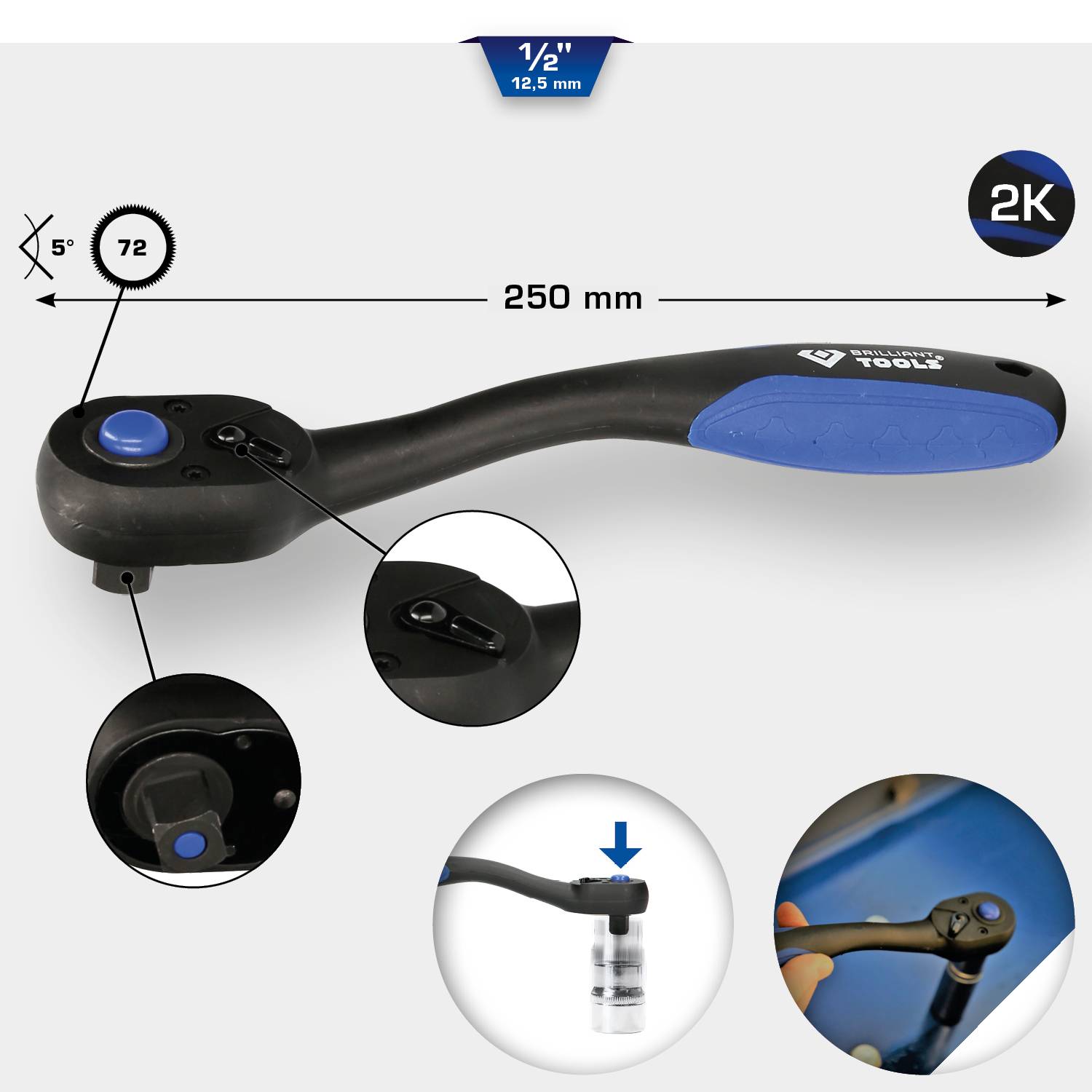 Eine Ratsche mit einer Länge von 250 mm und einem Gelenk von 5 Grad. Zeigt Details der Steckverbindung und eine Pfeilanweisung zur Nutzung.