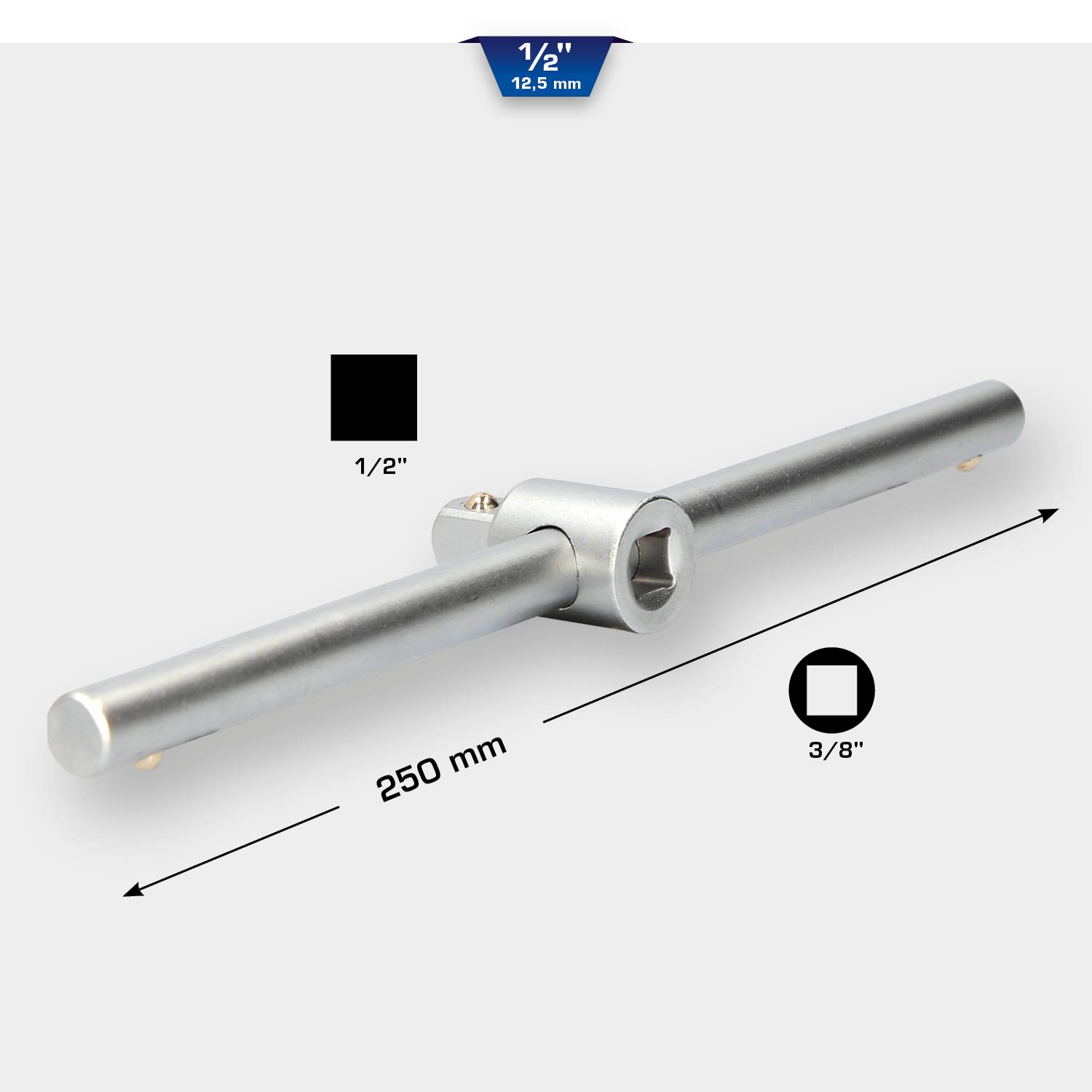 Langhebel mit 1/2'' und 3/8'' Anschlüssen, Gesamtlänge 250 mm. Diagramm zeigt Größenverhältnisse und Details der Anschlüsse.