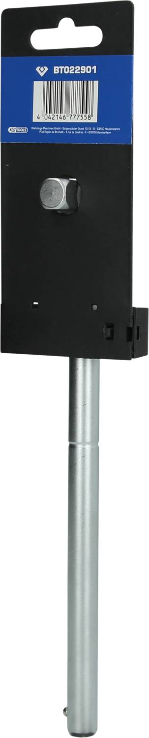 Metallstab mit schwarzem Kunststoffhalter, an dem ein Barcode und eine Schraube befestigt sind.