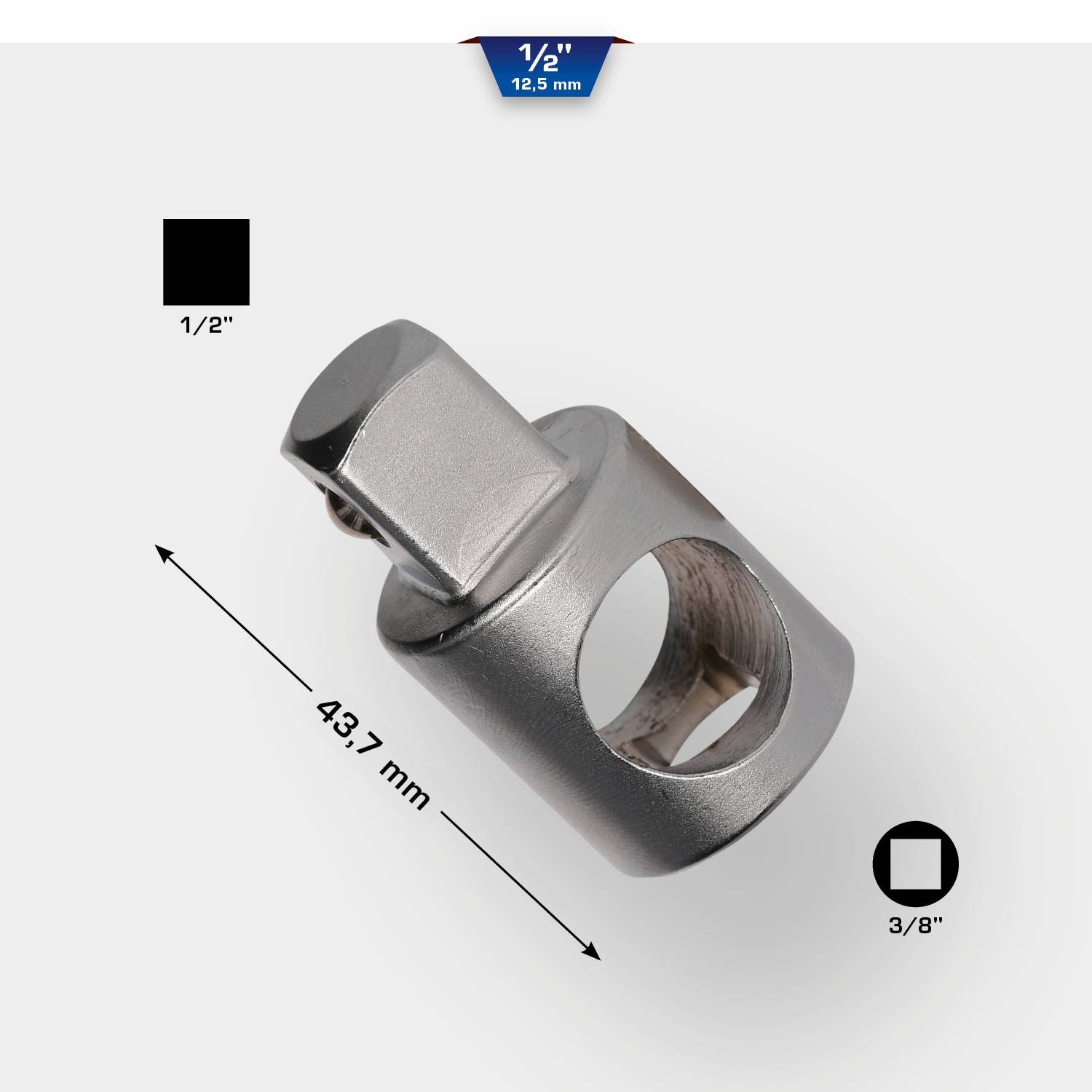 Drehbarer Steckschlüssel-Adapter aus Metall, mit einer Länge von 43,7 mm, markiert mit 1/2 Zoll auf einer Seite und 3/8 Zoll auf der anderen.