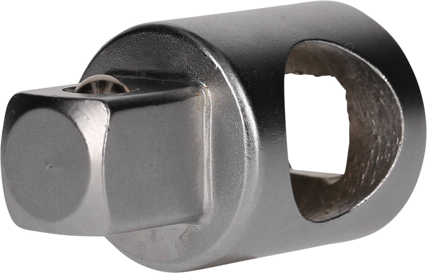 Metalladapter mit quadratischem Steckanschluss und rundem Loch, oft verwendet als Verbindungselement in Werkzeugkits.